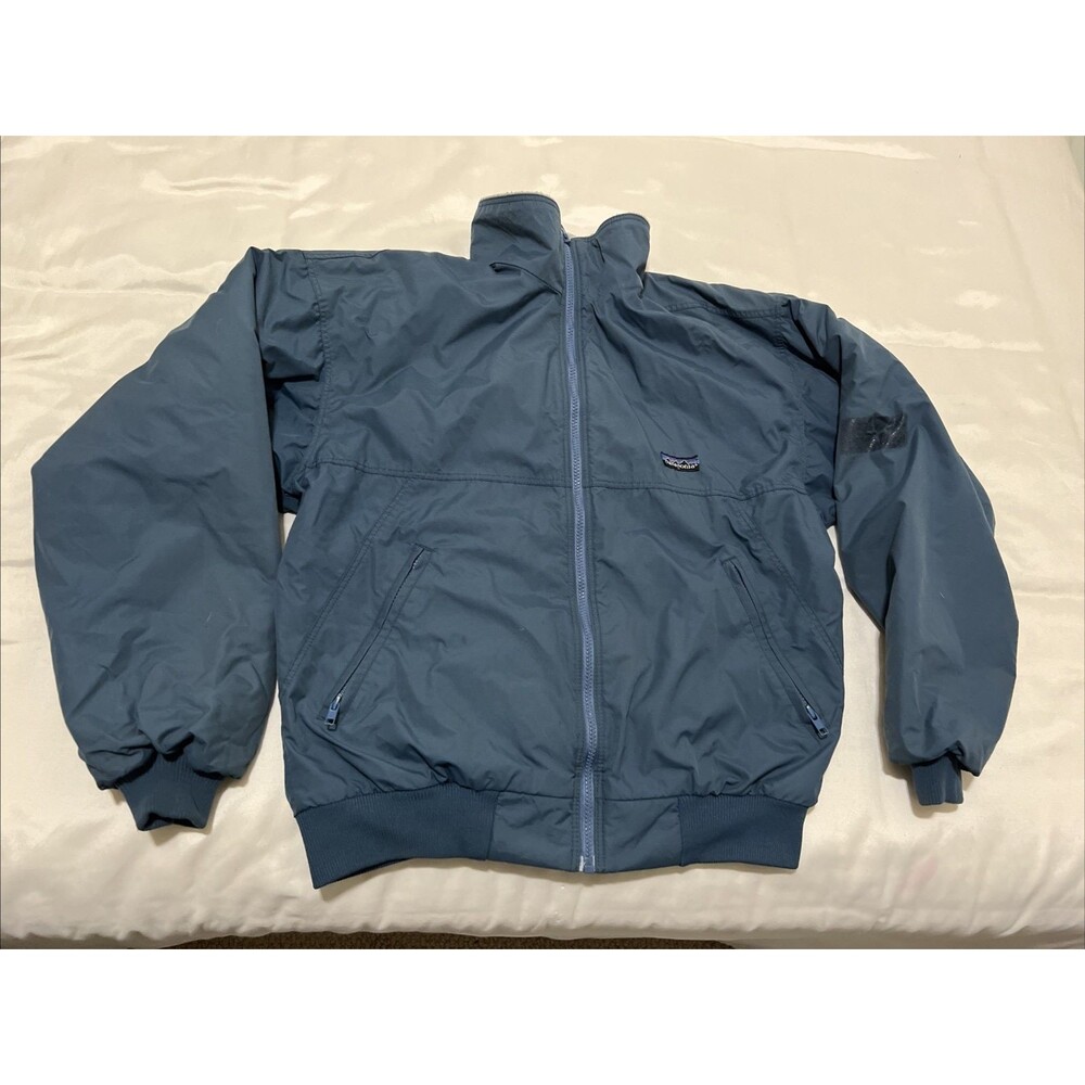 Vintage 80s 90s Patagonia Fleece Lined Bomber Jacket Sz M Made USA Blue FLAWED